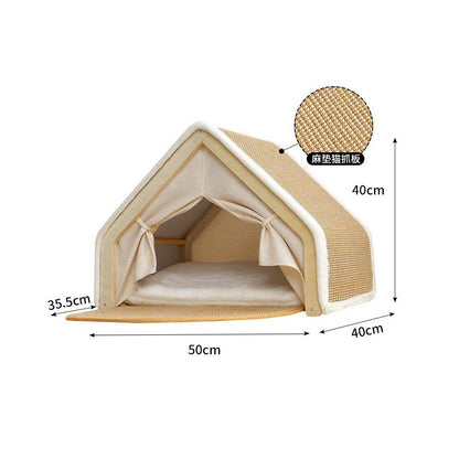 【實木美學】複合式劍麻貓帳篷｜貓抓板睡窩二合一，特大空間全季通用，實木封閉式貓屋，耐磨不掉屑寵物窩