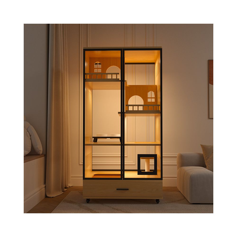 【小坪數首選】實木空間節省貓別墅｜一體式隱藏貓砂櫃，室內多功能貓籠貓屋，北歐風質感貓公寓，保護家具且美觀整潔