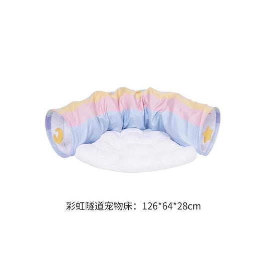 【Zeze 官方】彩虹貓隧道窩｜四季通用圓形貓床，二合一貓隧道與遊戲墊（可拆卸清洗、幼貓室內玩具）